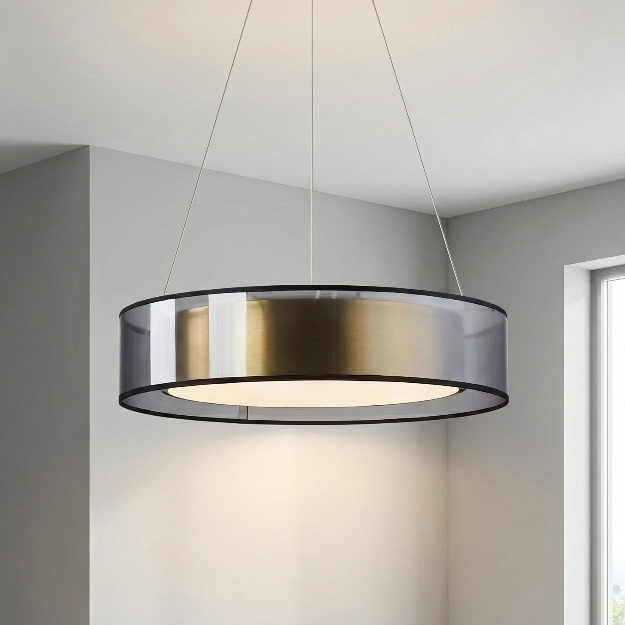Modern pendant lamp featuring an adjustable height and an elegant rose gold finish, designed with a sleek glass shade, perfect for contemporary home decor. 0